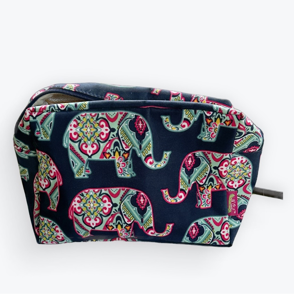 Navy Elephant “Trunk Up” Print Travel Cosmetic Zippered Pouch ~ N. Gil Large Bag
